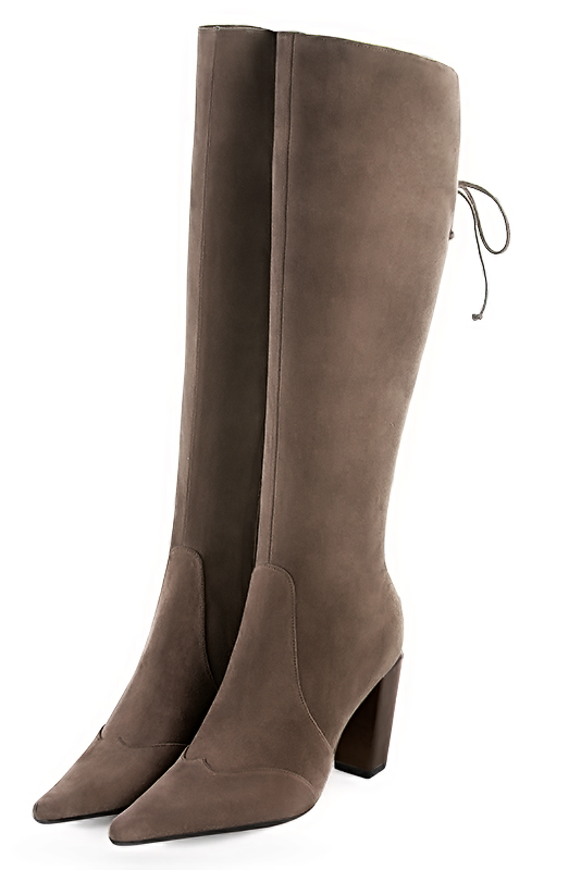 Chocolate brown women's knee-high boots, with laces at the back. Pointed toe. High block heels. Made to measure. Front view - Florence KOOIJMAN